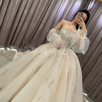 Main wedding dress 2021 new bridal temperament French light starry big tail small man cover arm long sleeve female