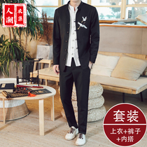 Spring and autumn Chinese style mens clothing Tang suit Hanfu retro fashion brand ancient clothing embroidery slim-fit youth tunic