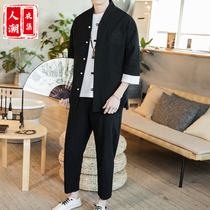 Summer Chinese style suit mens Hanfu ancient style fairy air retro tide brand Youth Short sleeve Tang suit mens youth two sets