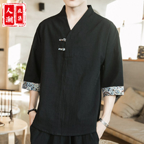 Summer cotton short-sleeved t-shirts Men's Fengfeng in ancient and casual seven-sleeved Han costumes Men's Ancient Wind Tang costume