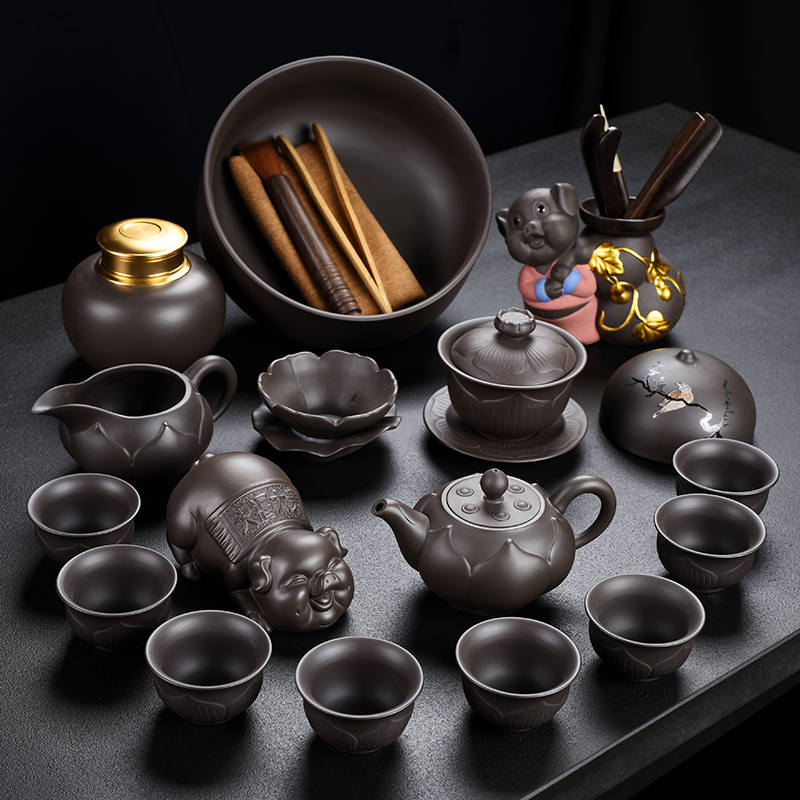 Old & at the case of a complete set of lotus raw ore violet arenaceous kung fu tea set suit household contracted teapot teacup tea caddy fixings