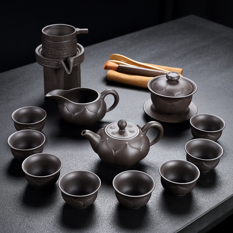 Old & at the case of a complete set of lotus raw ore violet arenaceous kung fu tea set suit household contracted teapot teacup tea caddy fixings