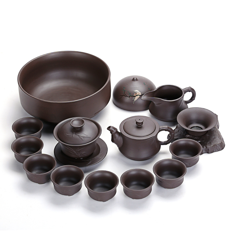 Old &, undressed ore violet arenaceous kung fu tea set home of bamboo lid bowl combined with gift box of a complete set of cups