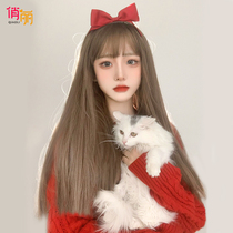 women's wig long hair natural realistic full head cover new red air bangs black long hair straightening hair cover