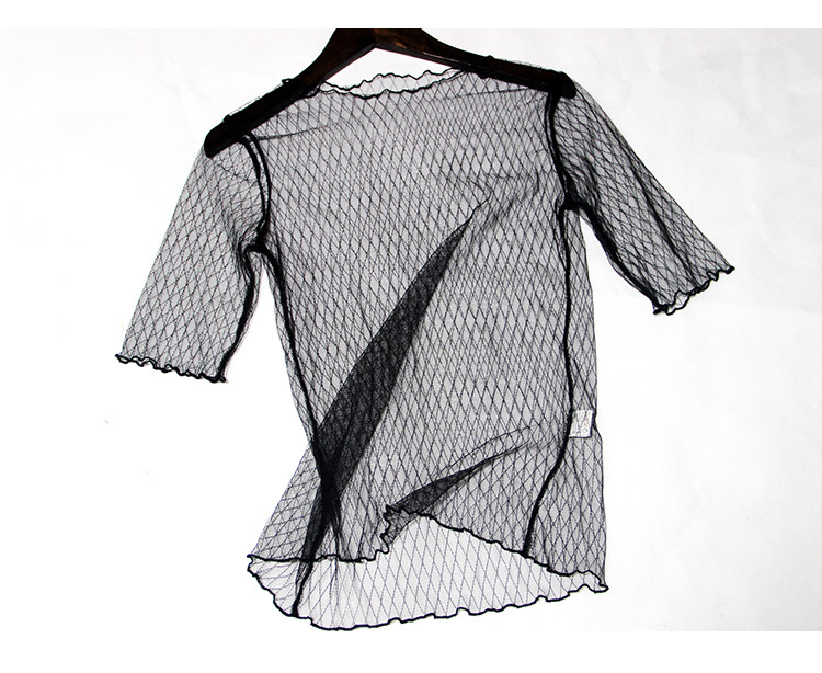 2017新款透明透视网状渔网打底衫女短袖蕾丝镂空薄沙内搭网纱上衣_双