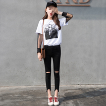 chic Korean wind black broken hole jeans female beggar 90% pants high waist tight fit small foot pencil pants 80% thin