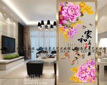 Art glass screen partition into the home entrance background wall shoe cabinet European family and Wanshixing peony nine fish map