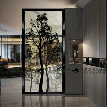 Modern abstract art glass screen partition into the living room aisle shoe cabinet wine cabinet carving process double-sided black tree