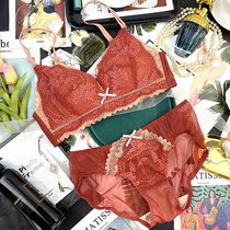 European and American light luxury gathering underwear women comfortable soft without steel ring small chest this year red triangle cup bra set