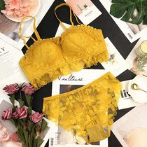 Sweet lace non-rimmed gathered bra set Japanese girl small chest adjustment type incognito sub-breast underwear thick