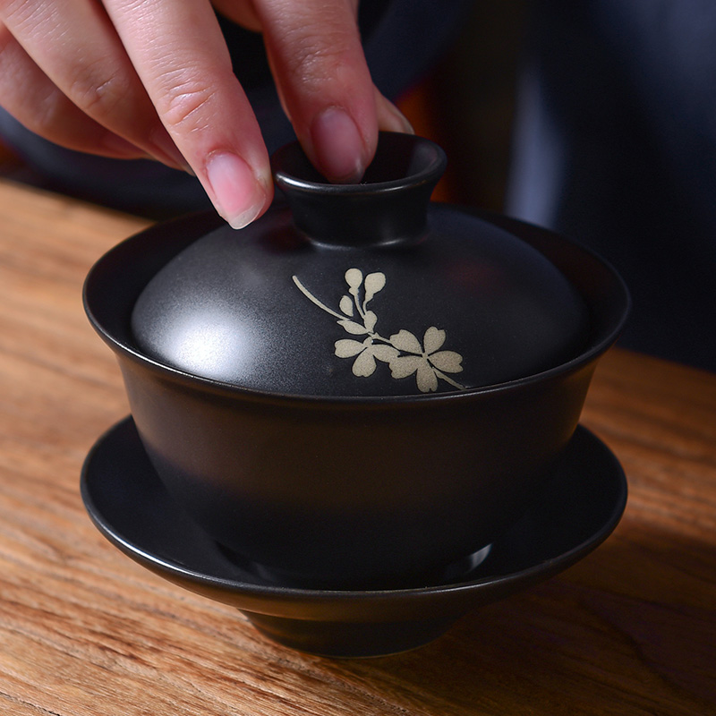 A good laugh, creative black zen wind name plum flower tea tureen household kunfu tea ceramic three tureen tea bowl