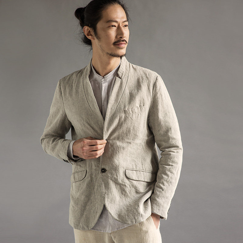 得闲 棉麻西装外套 原创设计男士长袖纯色亚麻