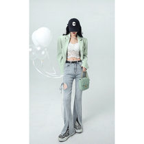 Aunt Barbie High Waist Open Fork Jeans Spring Dress 2022 New Design Sensation Slim Broadlegged Pants Microhorn Pants