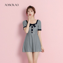 One-piece swimsuit female summer conservative thin belly covering belly 2021 new hot spring small breasts gather flat corner student swimwear