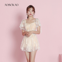 One-piece swimsuit female summer conservative thin belly cover belly 2021 new hot spring fairy fan small chest gather skirt swimsuit