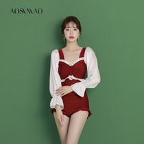 Conjoined swimsuit female summer conservative 2022 new ins wind cover with slim and small chest long sleeve flat corner covered meat swimsuit