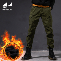 Military green multi-bag overalls men winter plus velvet padded straight tube pants wear Tide brand loose black casual pants