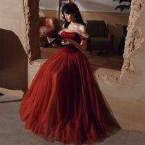 Toast dress bride 2021 new wine red wedding dress feminine temperament thin one-shoulder small evening dress engagement