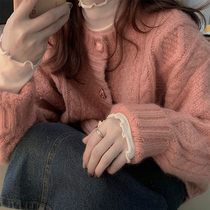 Wool knitting open shirt female autumn fashion is lazy and gentle wind retro round neck short sweater pink coat