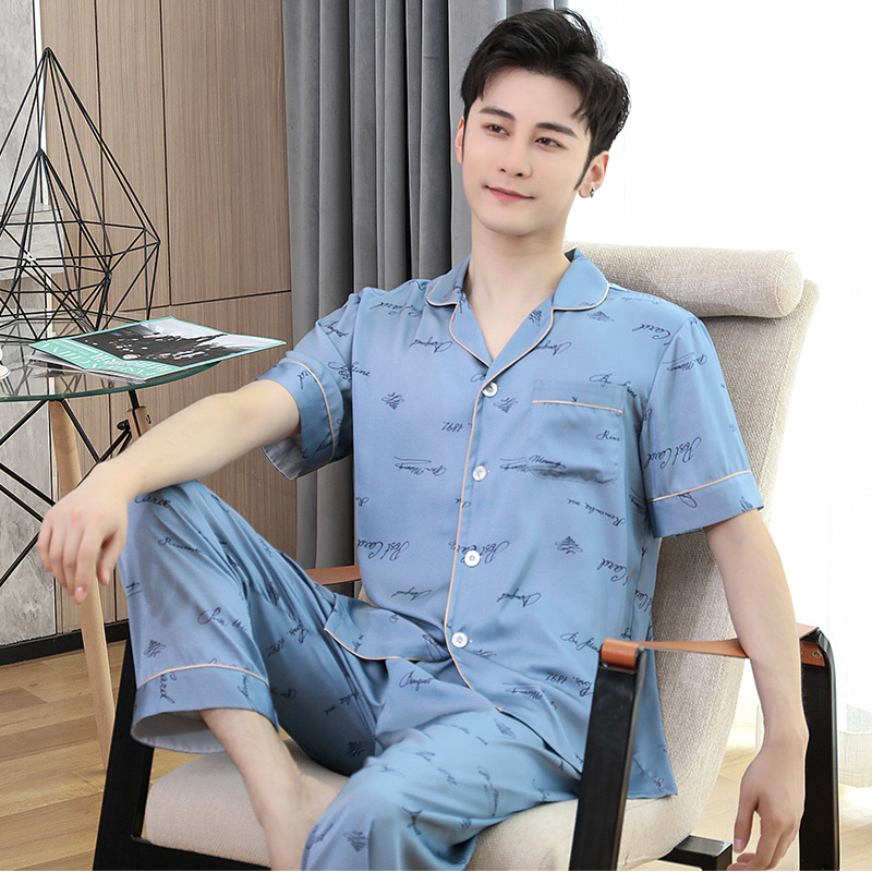 shangzhi men's pajamas summer short-sleeved thin ice silk spring and autumn youth simulation silk summer home service suit