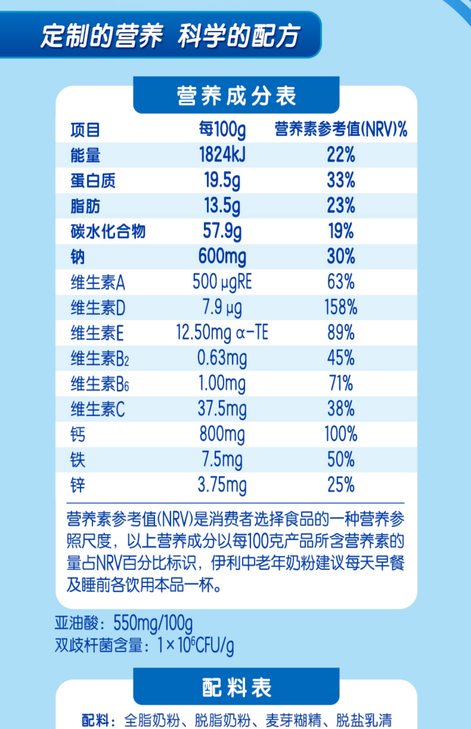 伊利中老年奶粉配料表图片