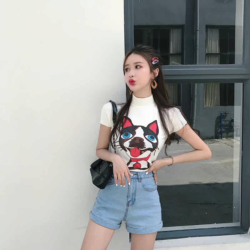 实拍实价 chic可爱狗狗针织短袖 小立领针织打底单穿好看t恤