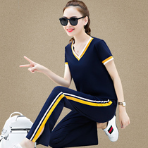 Sports set women summer 2021 New Fashion casual loose size short sleeve wide leg trousers thin two-piece set