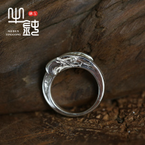 Bull blunt Seiko Takaqiao double eagle head four - eye ring 925 pure silver hand - cut couple silver jewelry Japanese and Korean men and women