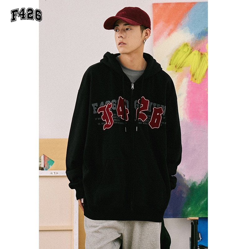 【F426官方店】国潮牌情侣街头嘻哈哥特logo贴布字母重叠开衫卫衣