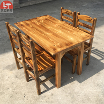 Carbonized solid wood rectangular table hot pot table restaurantRestaurant large row of farmhouse square tablesBBQ table