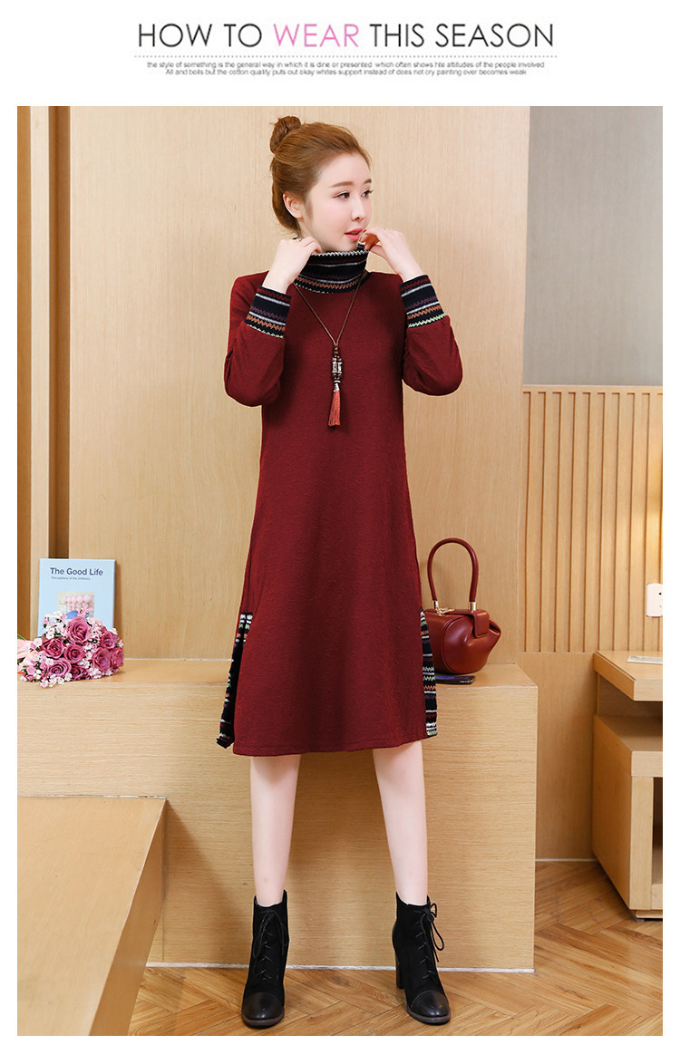 实拍名族风高领打底连衣裙长裙