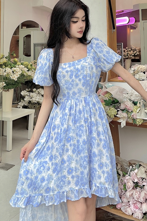 蓝色碎花连衣裙2022春夏新款雪纺法式流行长裙温柔海岛来信 - 17网