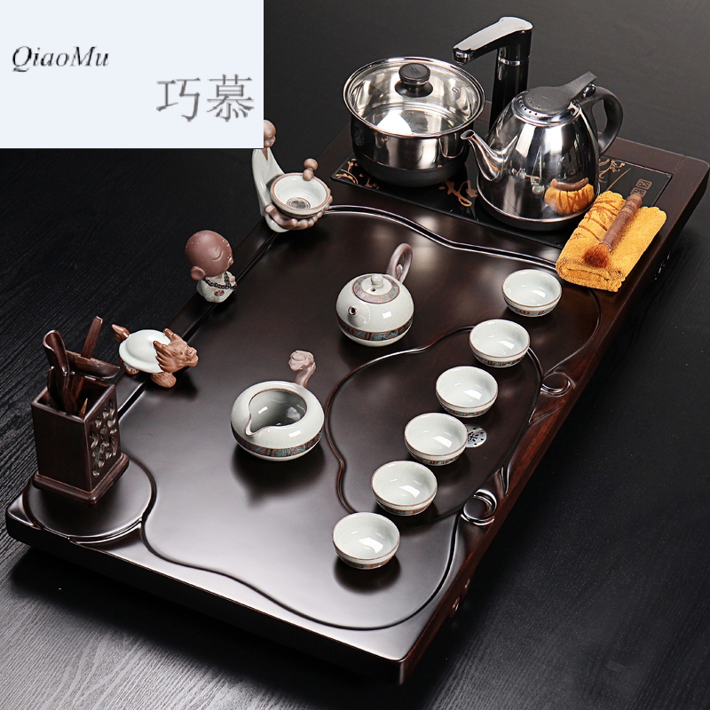 Qiao mu ebony wood tea tray of a complete set of kung fu tea sets coarse pottery stone mill your up four unity induction cooker tea table