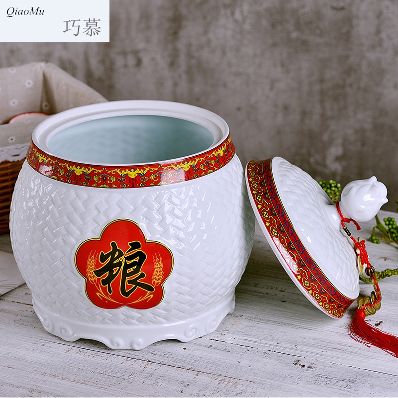 Qiao mu red jingdezhen ceramic barrel home ten catties small tank storage tank is festival seal oil cylinder 20 jins