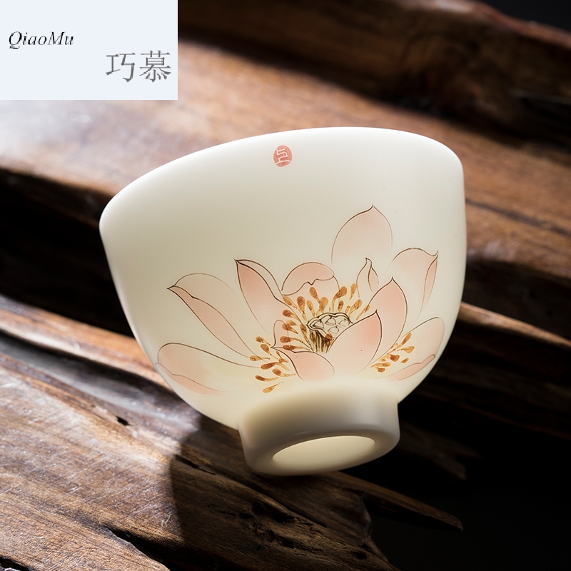 Qiao mu CMJ dehua suet white jade porcelain teacup up large - sized ceramic sample tea cup pastel personal master