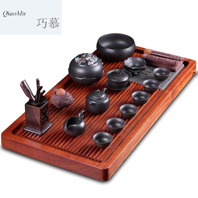 Qiao mu hua limu tea set elder brother up of a complete set of automatic kung fu tea set solid wood tea tray was purple sand teapot