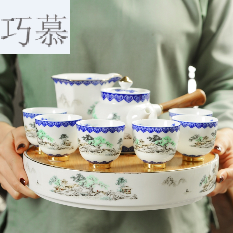 Qiao mu ceramic Japanese kung fu tea set suit household small circular bamboo tea tray was mini water mercifully tea it dry