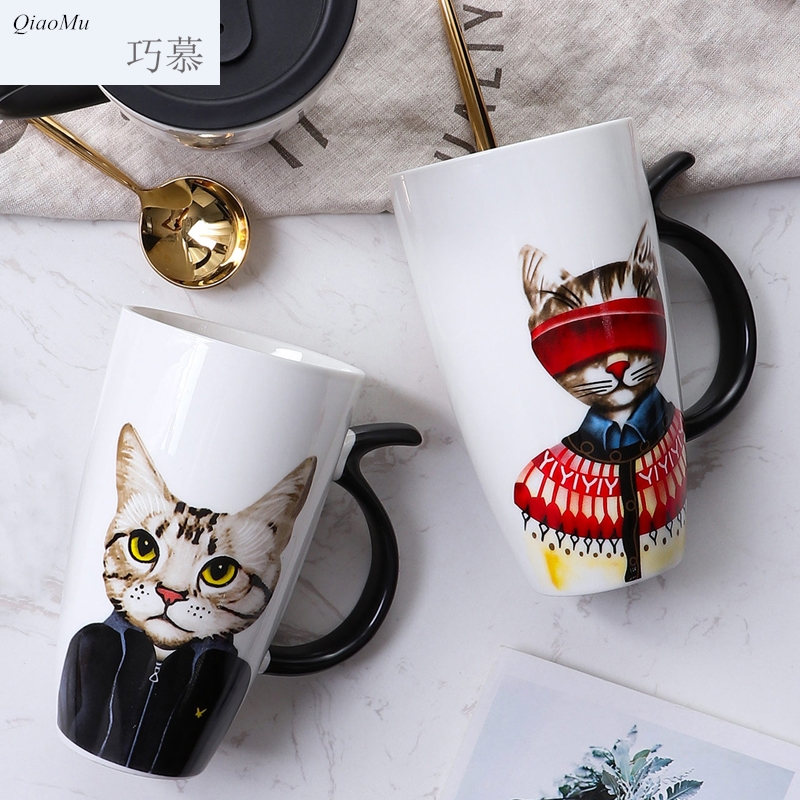 Qiao mu cat high - capacity ceramic keller with cover, lovely creative household contracted office ultimately responds cup