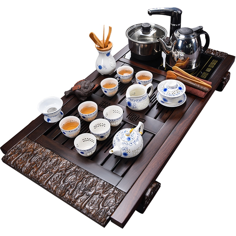 Qiao mu ebony wood tea tray was kung fu tea set of household ceramic tea tea table of a complete set of four unity