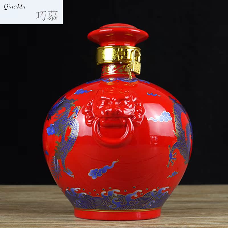 Qiao mu 5 jins of ceramic bottle of jingdezhen ceramic jars China red wine bottle dragon playing pearl is a jar of wine to send