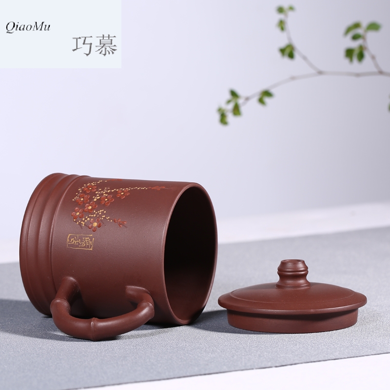 Qiao mu HM new yixing purple sand cup by pure manual undressed ore decals name plum flower cups cup purple sand tea cups