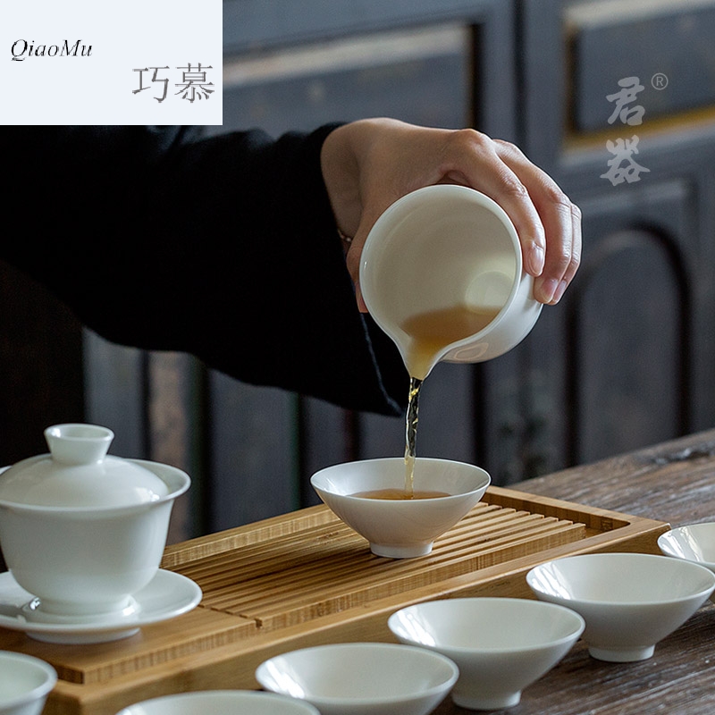 Qiao mu dehua white porcelain tea set suit small household 6 sets of kung fu tea set contracted tureen tea POTS hat to CPU