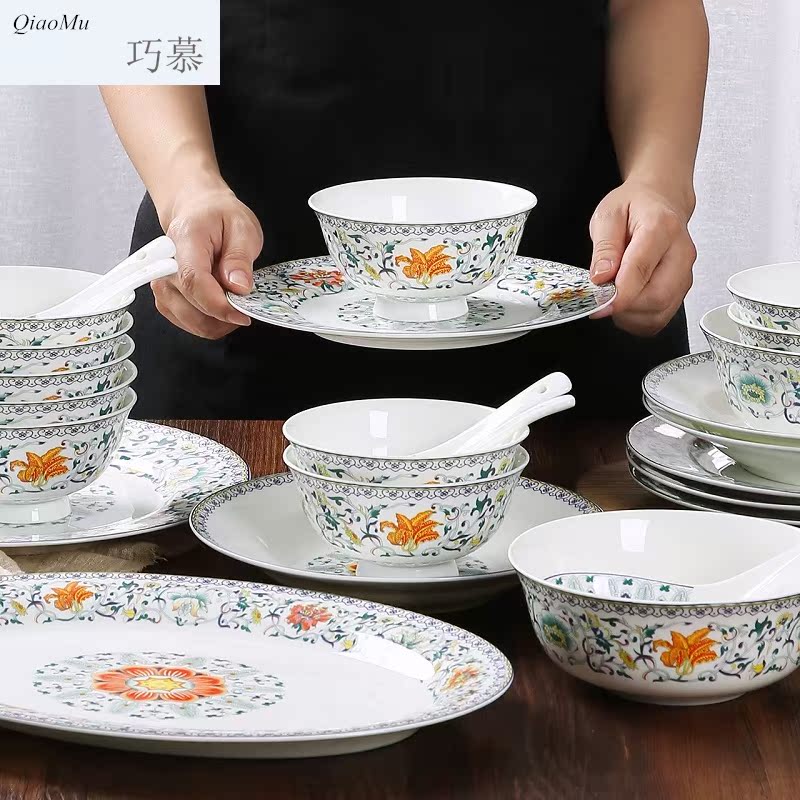 Qiao mu jingdezhen Chinese famille rose home use plate suit new ipads porcelain - glazed in dinner suit