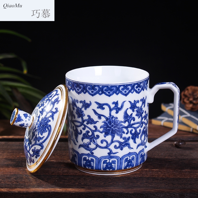 Qiao mu gold coloured drawing or pattern of jingdezhen ceramic celadon office with cover cup tea cups water cup single CPU