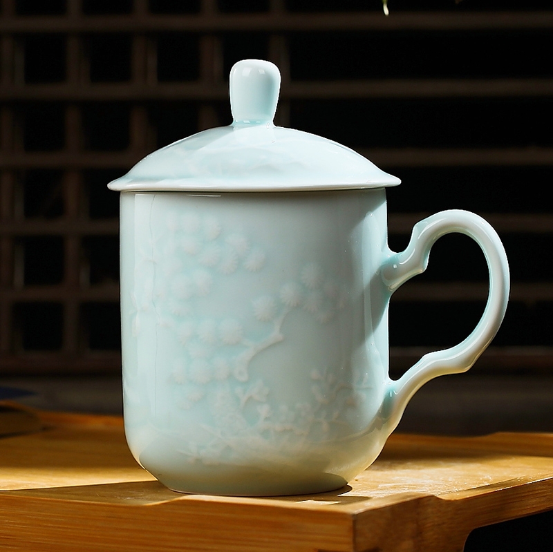 Qiao mu jingdezhen shadow celadon teacup ceramic cup tea cup single CPU office cup with cover cup, cup