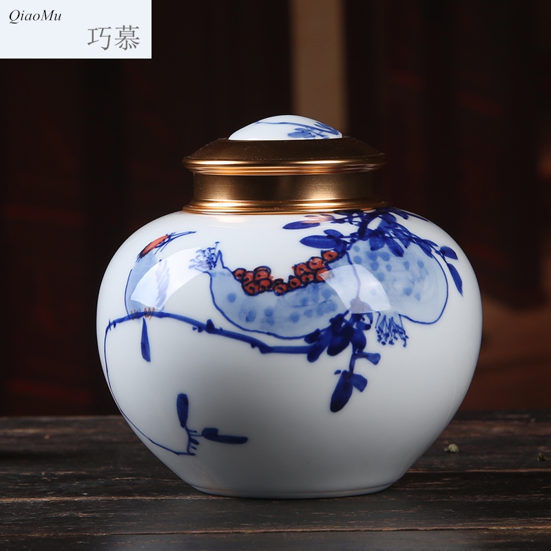 Qiao mu seal caddy fixings pure hand - made porcelain of jingdezhen ceramic half jins of puer tea, green tea store receives the gift