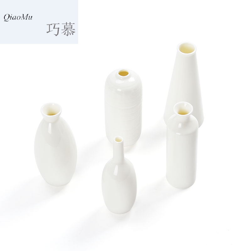 Qiao mu dehua white porcelain flowers, pure color ceramic vase mini desktop accessories furnishing articles tea geometric floret