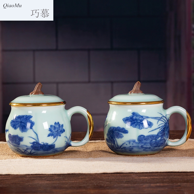 Qiao mu longquan celadon ceramic cups with cover cup tea cup tea lady pumpkin cup mandarin duck play