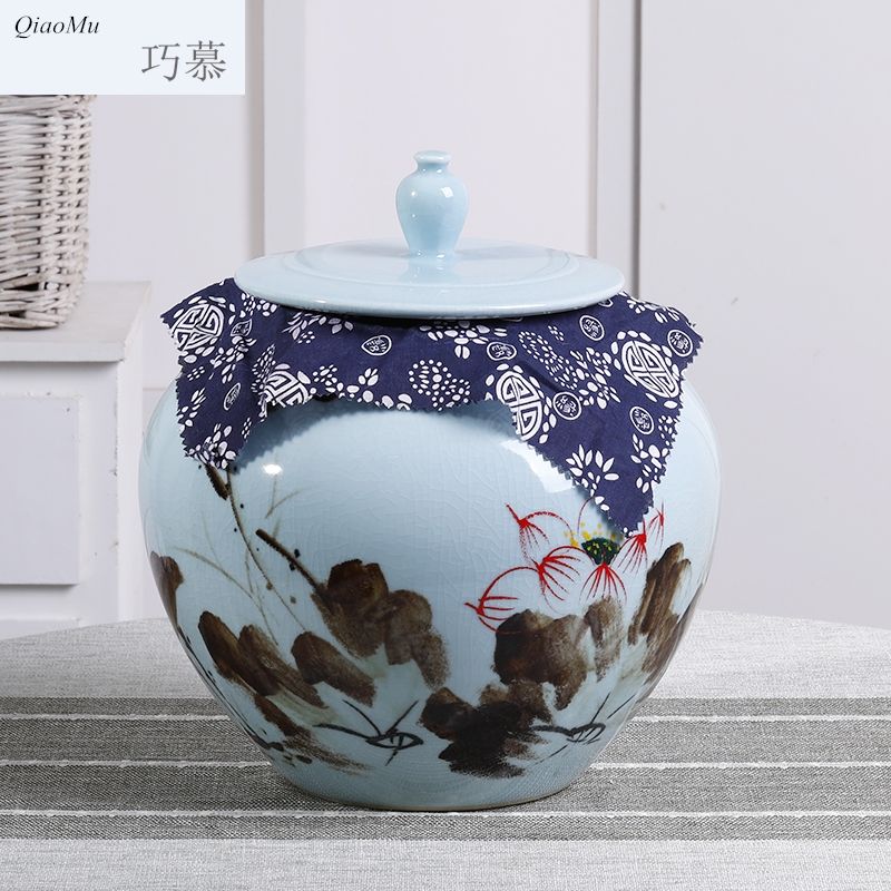 Qiao mu ceramics with cover barrel household 30 kg sealed storage bins insect - resistant moistureproof 15 kg rice jar of jingdezhen