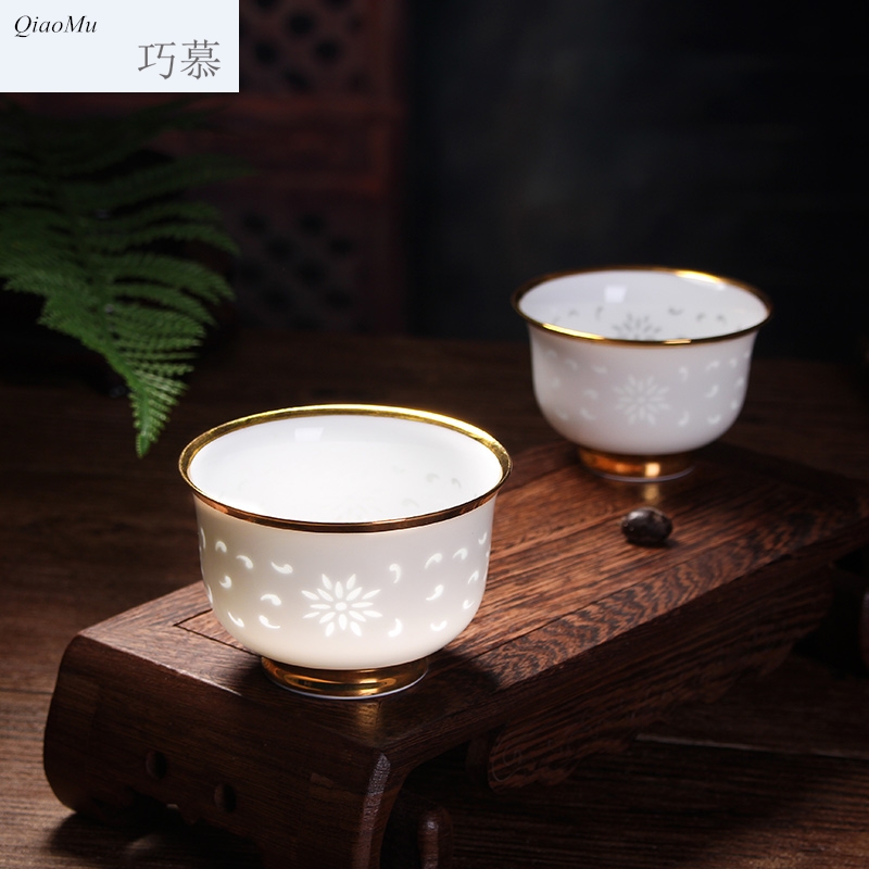 Qiao mu hollow out exquisite thin body see colour porcelain teacup pervious to light a single cup of jingdezhen ceramic kung fu tea set a character